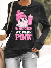 Women's In October We Wear Pink Halloween Pink Ghost Breast Cancer Awareness Sweatshirt