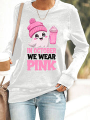 Women's In October We Wear Pink Halloween Pink Ghost Breast Cancer Awareness Sweatshirt