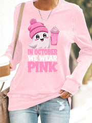 Women's In October We Wear Pink Halloween Pink Ghost Breast Cancer Awareness Sweatshirt