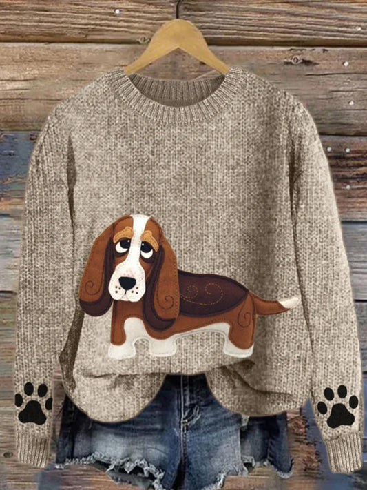 Women's Basset Hound Dog Patchwork Paw Prints Cozy Sweater