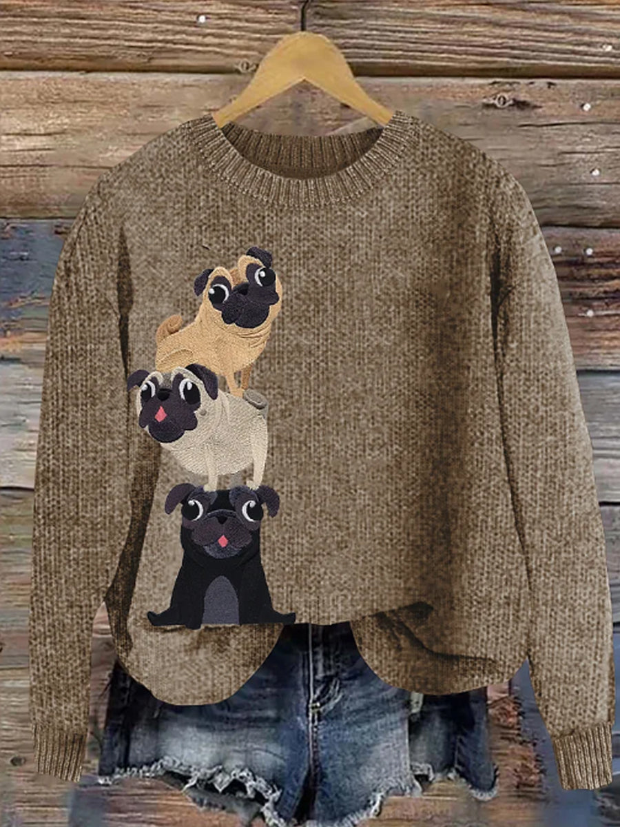 Women's Cute Pug Embroidery Art Women's Cozy Sweater