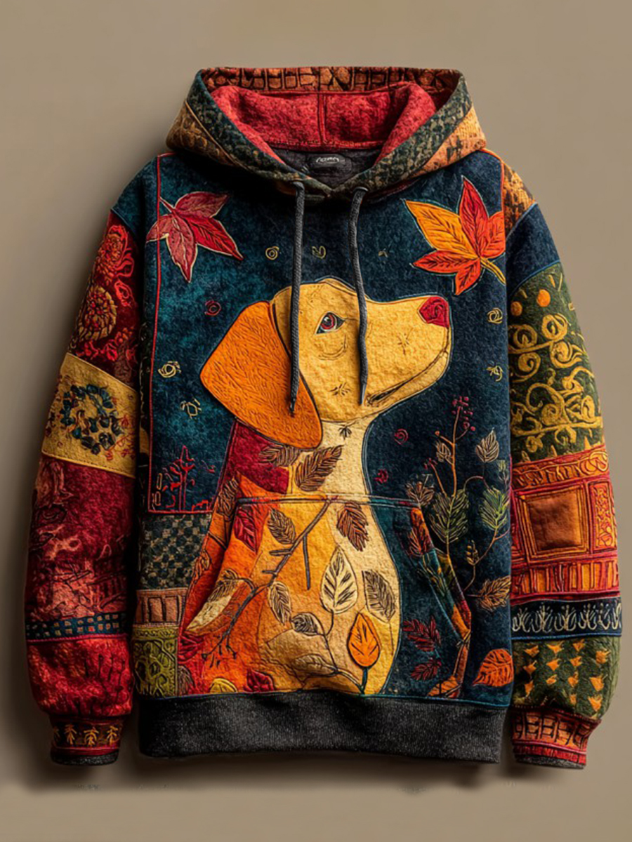 Women's Vintage Autumn Fallen Patchwork Dog Print Art Casual Hoodie
