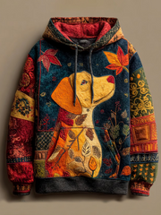 Women's Vintage Autumn Fallen Patchwork Dog Print Art Casual Hoodie