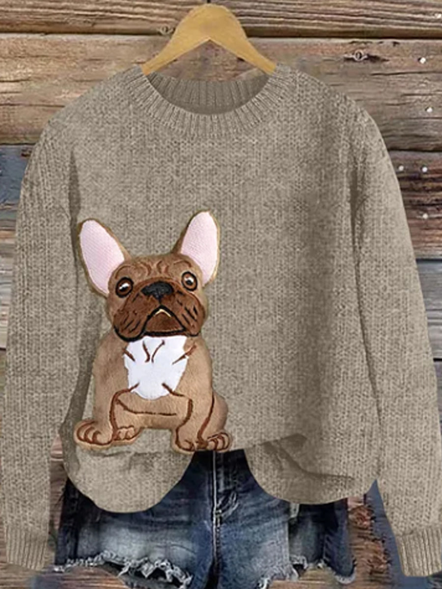 Women's Cute French Bulldog Applique Embroidery Dog Art Cozy Sweater