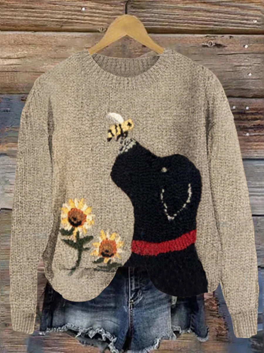 Women's Fun Flying Bee Kissing Dog Knit Art Cozy Crew Neck Sweater