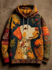 Women's Vintage Autumn Fallen Patchwork Dog Print Art Casual Hoodie