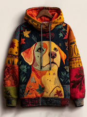 Women's Vintage Autumn Fallen Patchwork Dog Print Art Casual Hoodie