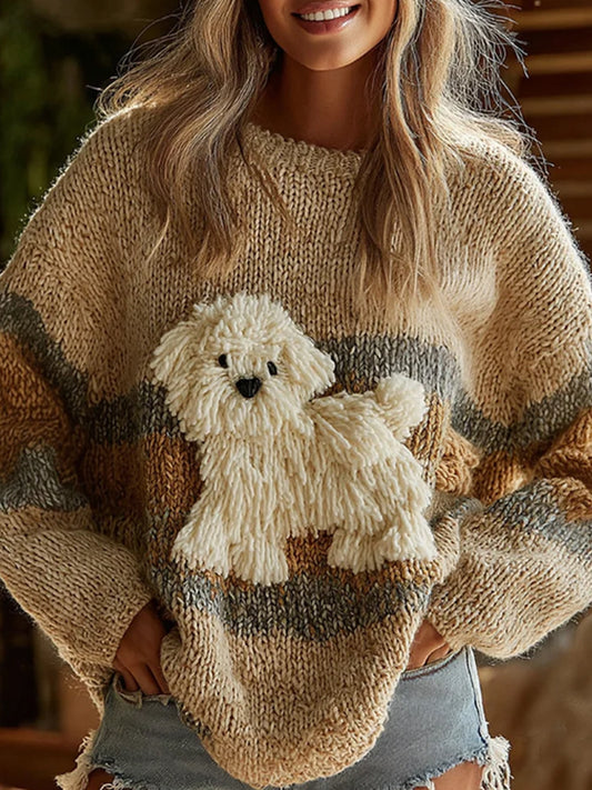 Women's Vintage Yarn Dog Felt In Gradient Art Inspired Embroidered Cozy Knit Sweater