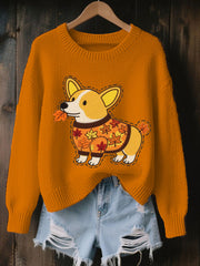 Women's Autumn Dog Art Print O-Neck Long Sleeve Sweatshirt