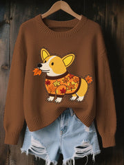 Women's Autumn Dog Art Print O-Neck Long Sleeve Sweatshirt