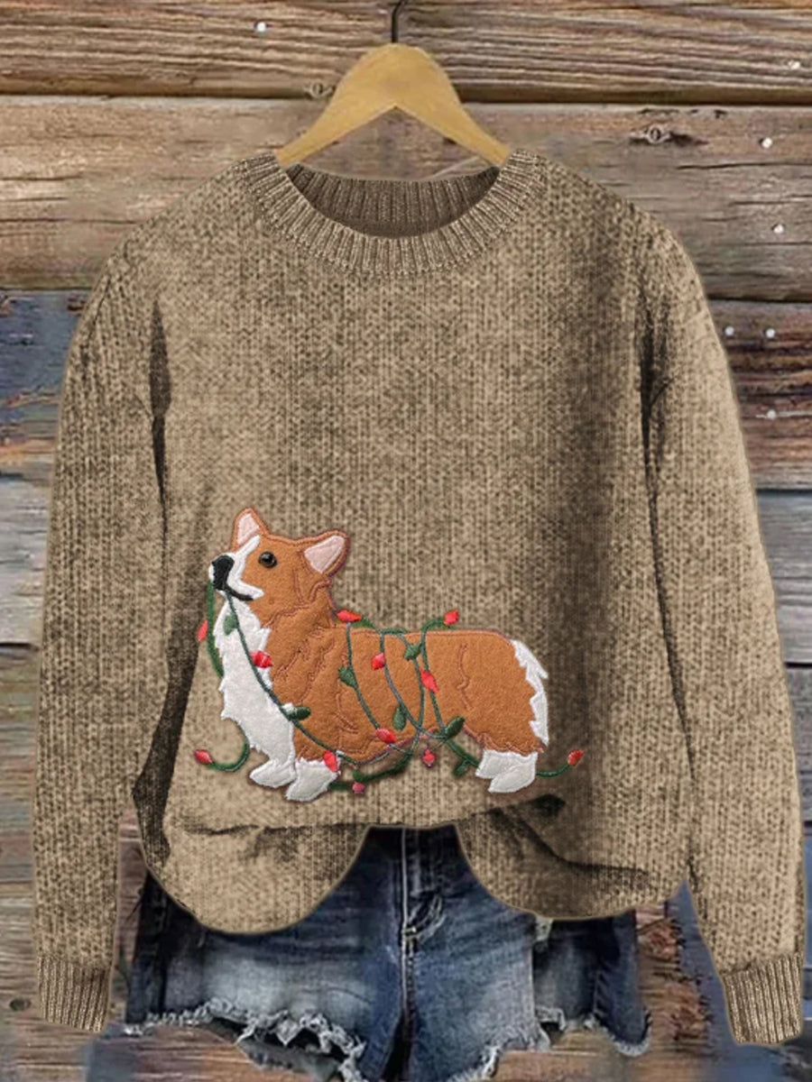 Women's Funny Christmas Corgi Dog Embroidered Cozy Sweater