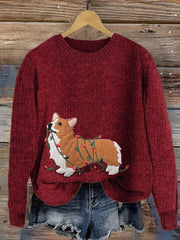 Women's Funny Christmas Corgi Dog Embroidered Cozy Sweater