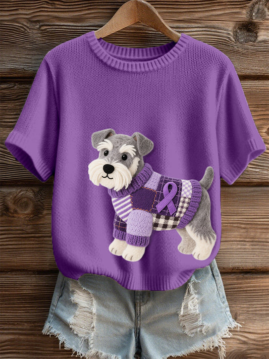 Women's Felt Art Schnauzer Dog Pattern Cozy Knit Top