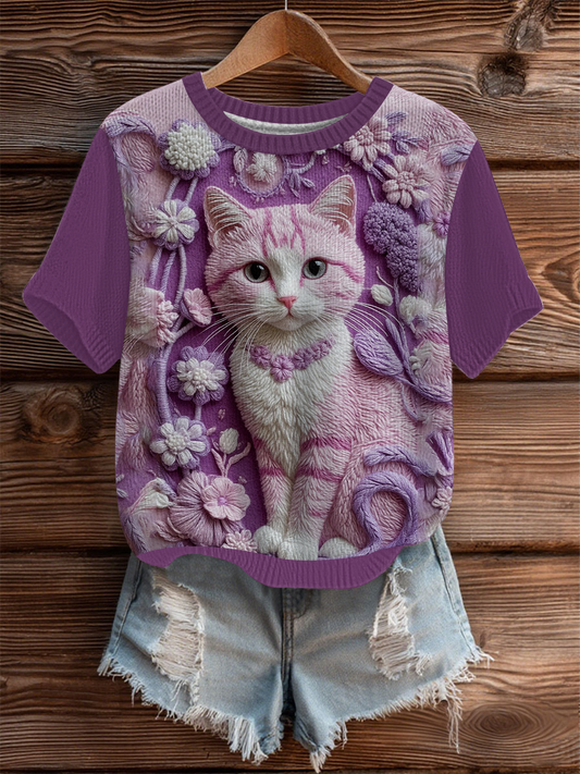Women's Cat Print Art Cozy Knit Top