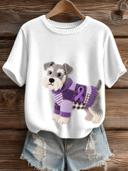 Women's Felt Art Schnauzer Dog Pattern Cozy Knit Top