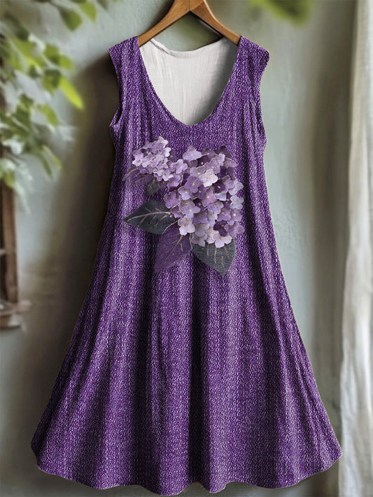 Women's Purple Flora Art Print V-neck Dress