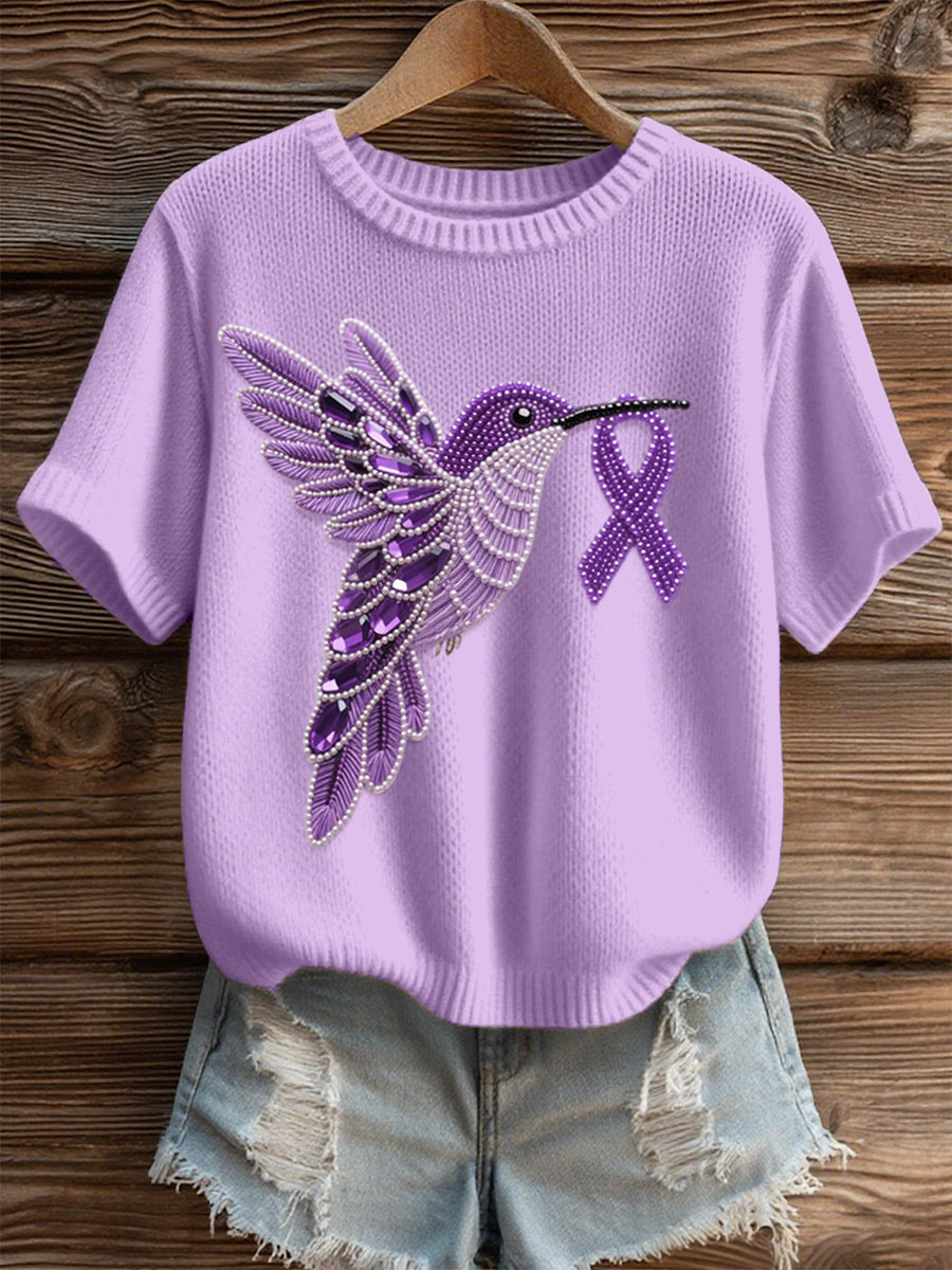 Women's Purple Hummingbird Pattern Cozy Knit Top