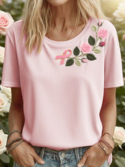 Women's Pink Floral Ribbon Embroidered T-Shirt