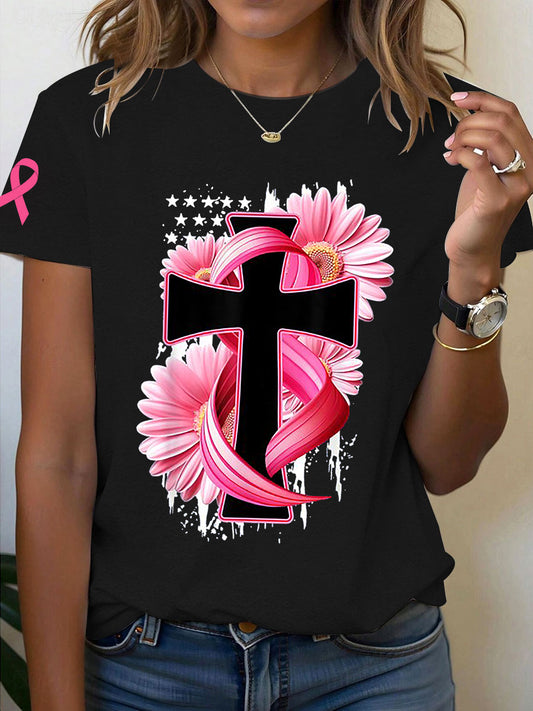 Women's Breast Cancer Awareness Cross Print T-Shirt
