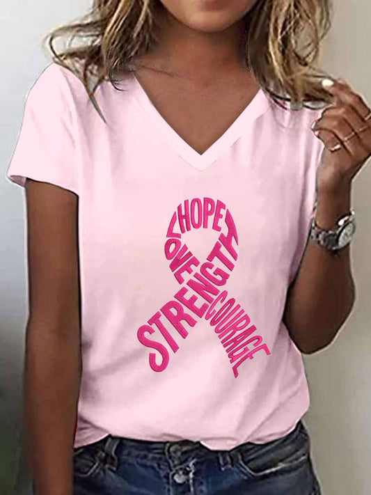 Women's Breast Cancer Awareness Embroidered V-Neck T-Shirt