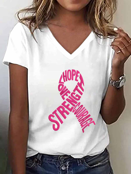 Women's Breast Cancer Awareness Embroidered V-Neck T-Shirt