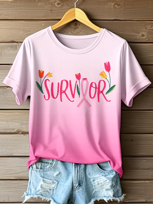 Women's Breast Cancer Awareness Survivor Embroidered T-Shirt