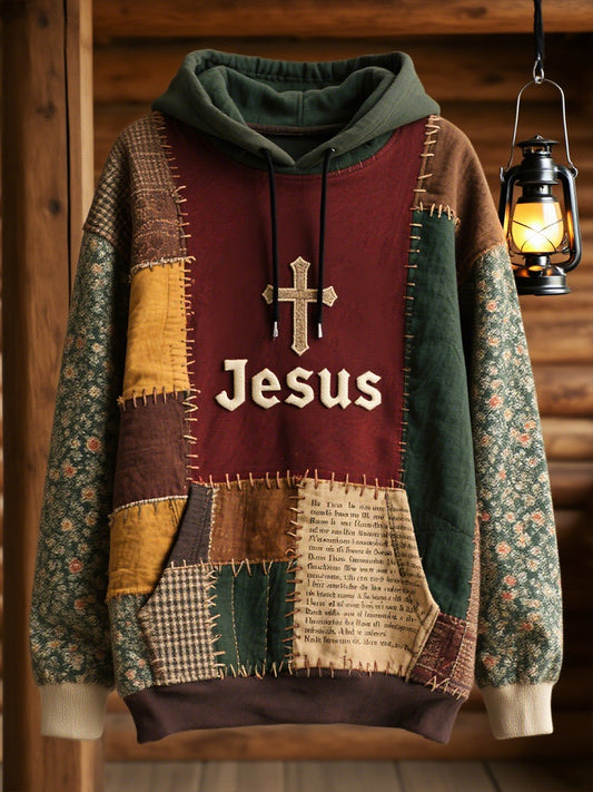 Men's Retro Casual Faith Cross Art Print Oversized Drop-Shoulder Pockets Hoodie