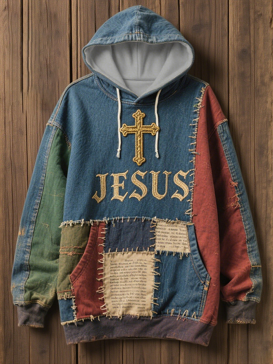 Men's Retro Casual Faith Cross Art Print Oversized Drop-Shoulder Pockets Hoodie