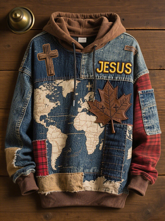 Men's Retro Casual Faith Cross Art Print Oversized Drop-Shoulder Pockets Hoodie