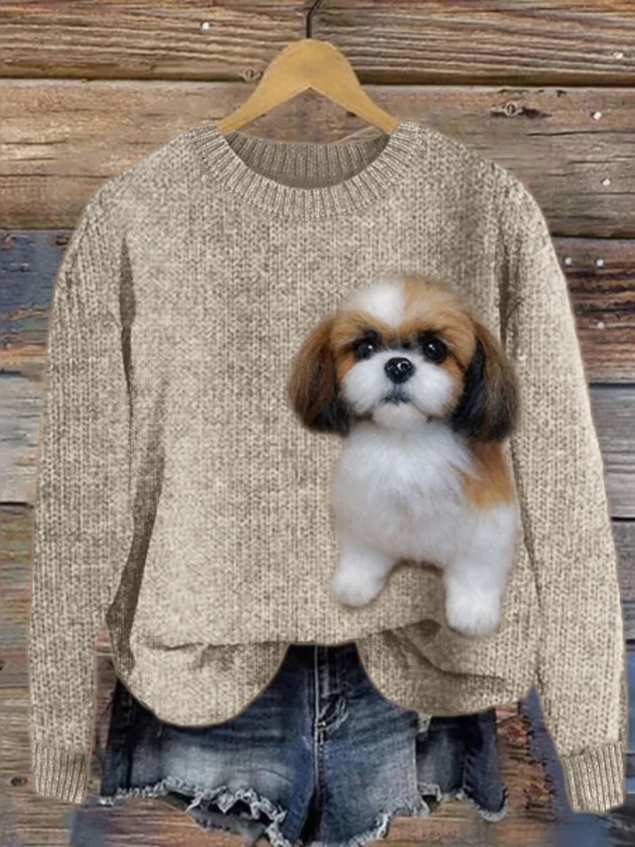 Women's Fuzzy Shih Tzu Dog Felt Cozy Knit Sweater