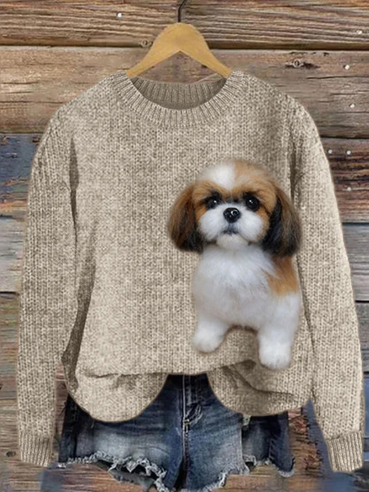 Women's Fuzzy Shih Tzu Dog Felt Cozy Knit Sweater