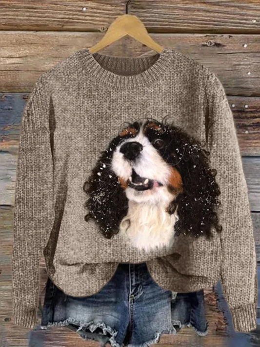 Women's Cavalier King Charles Spaniel Dog Felt Cozy Knit Sweater