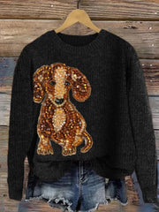 Women's Lovely Dachshund Dog Beaded Jewelry Art Cozy Knit Sweater