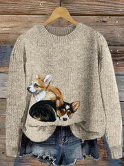 Women's Lovely Corgi Dogs Embroidered Cozy Knit Sweater