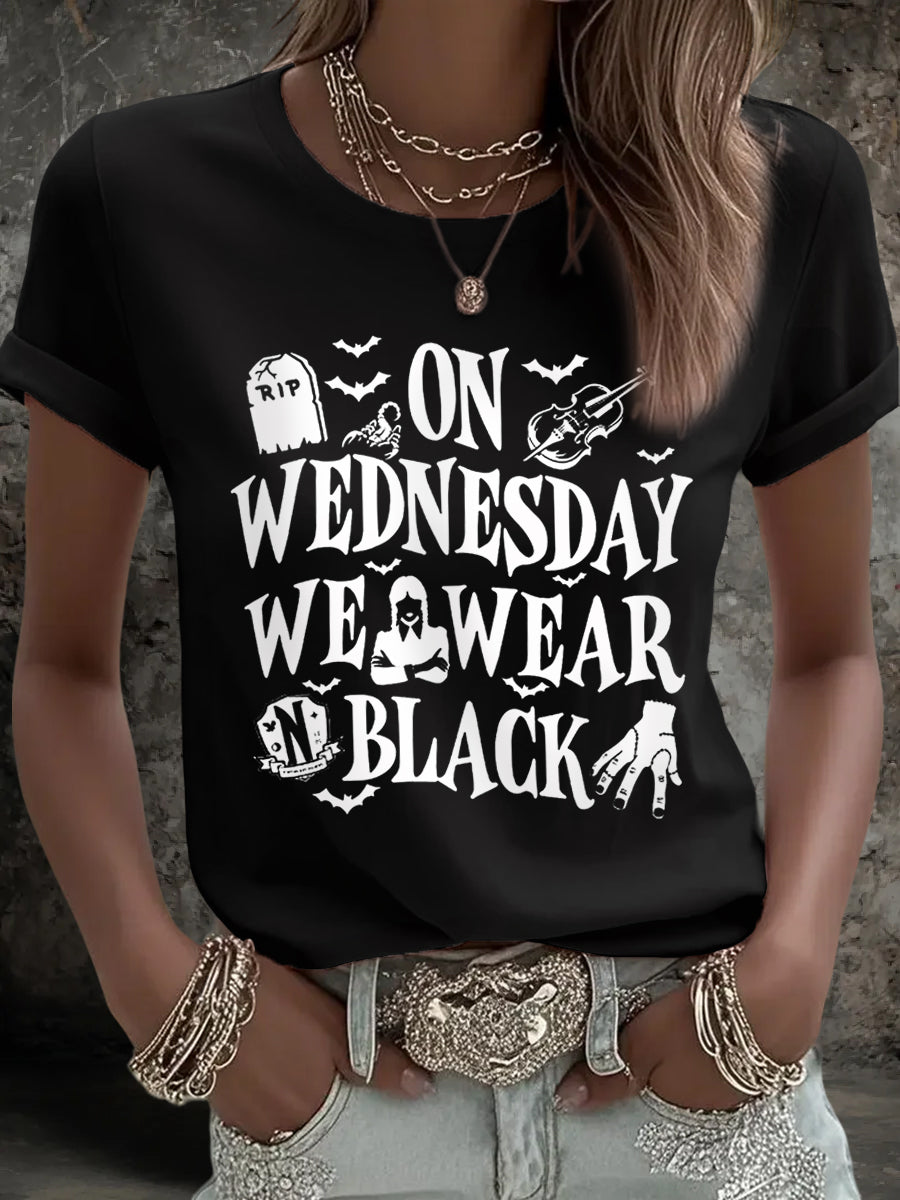 Women's On Wednesdays We Wear Black Halloween Horror Party Casual Tee