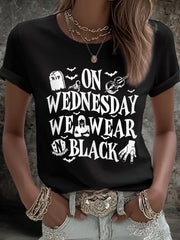 Women's On Wednesdays We Wear Black Halloween Horror Party Casual Tee