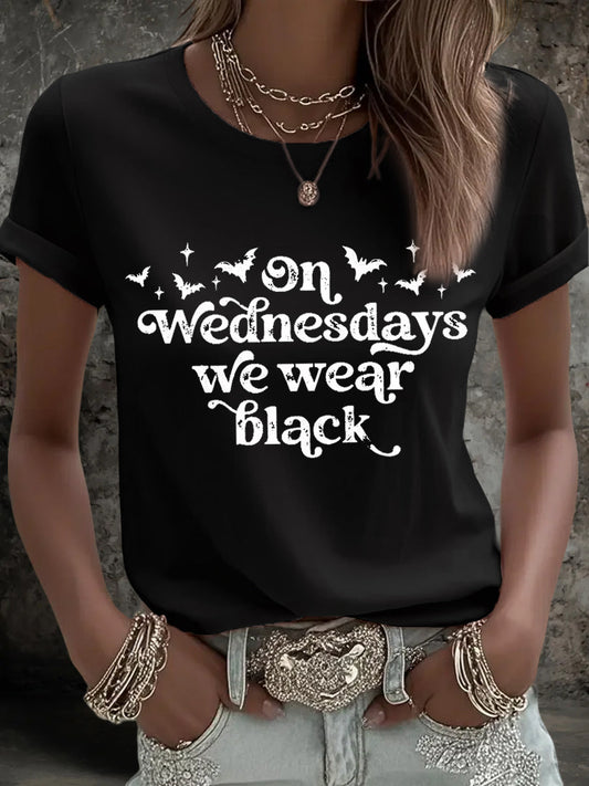 Women's On Wednesdays We Wear Black Halloween Horror Party Casual Tee