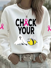 Women's Breast Cancer Awareness Check Your Boo Bees Printed Casual Sweatshirt