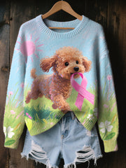 Women's Pink Ribbon and Dog Print Casual Top