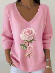 Women's Pink Rose Beaded Embroidered V-Neck Ribbed Top