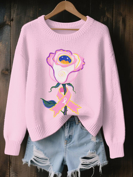 Women's Breast Cancer Art Print Cozy Knit Sweater