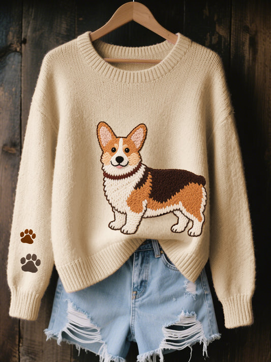 Women's Lovely Corgi Dog Felt Art Cozy Knit Sweater
