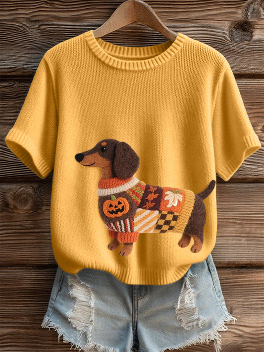 Women's Halloween Inspired Dachshund Felt Art Cozy Knit Top