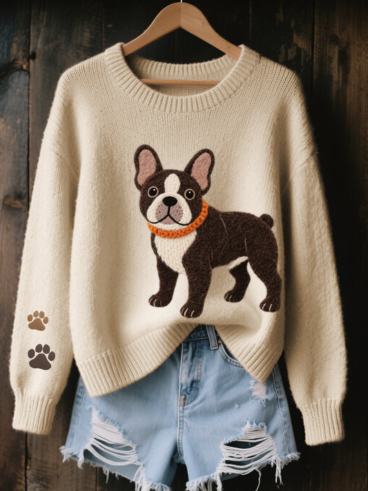 Women's Lovely French Bulldog Felt Art Cozy Knit Sweater