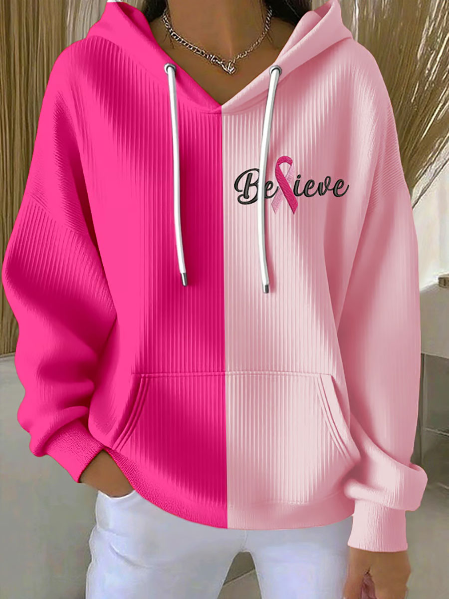Women's Breast Cancer Awareness Pink Ribbon Print Casual Hoodie