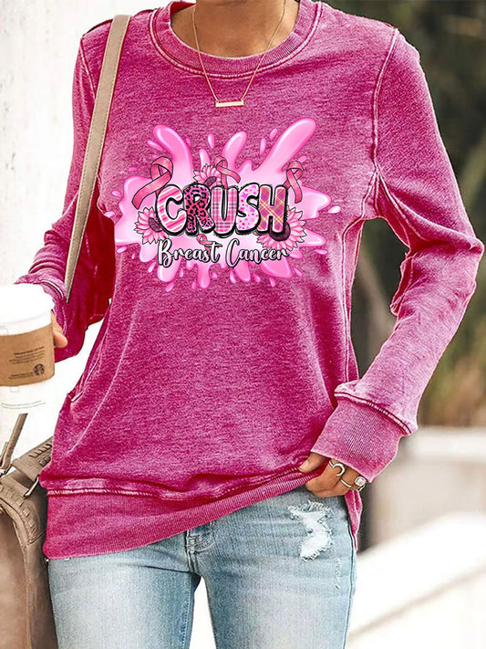 Women's Breast Cancer Awareness Pink Ribbon Print Casual Sweatshirt