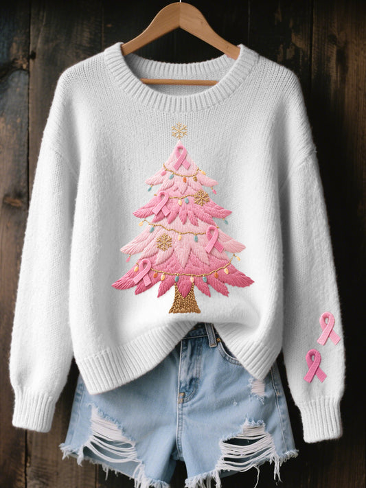 Women's Pink Christmas Tree Embroidered Cozy Knit Sweater