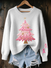 Women's Pink Christmas Tree Embroidered Cozy Knit Sweater