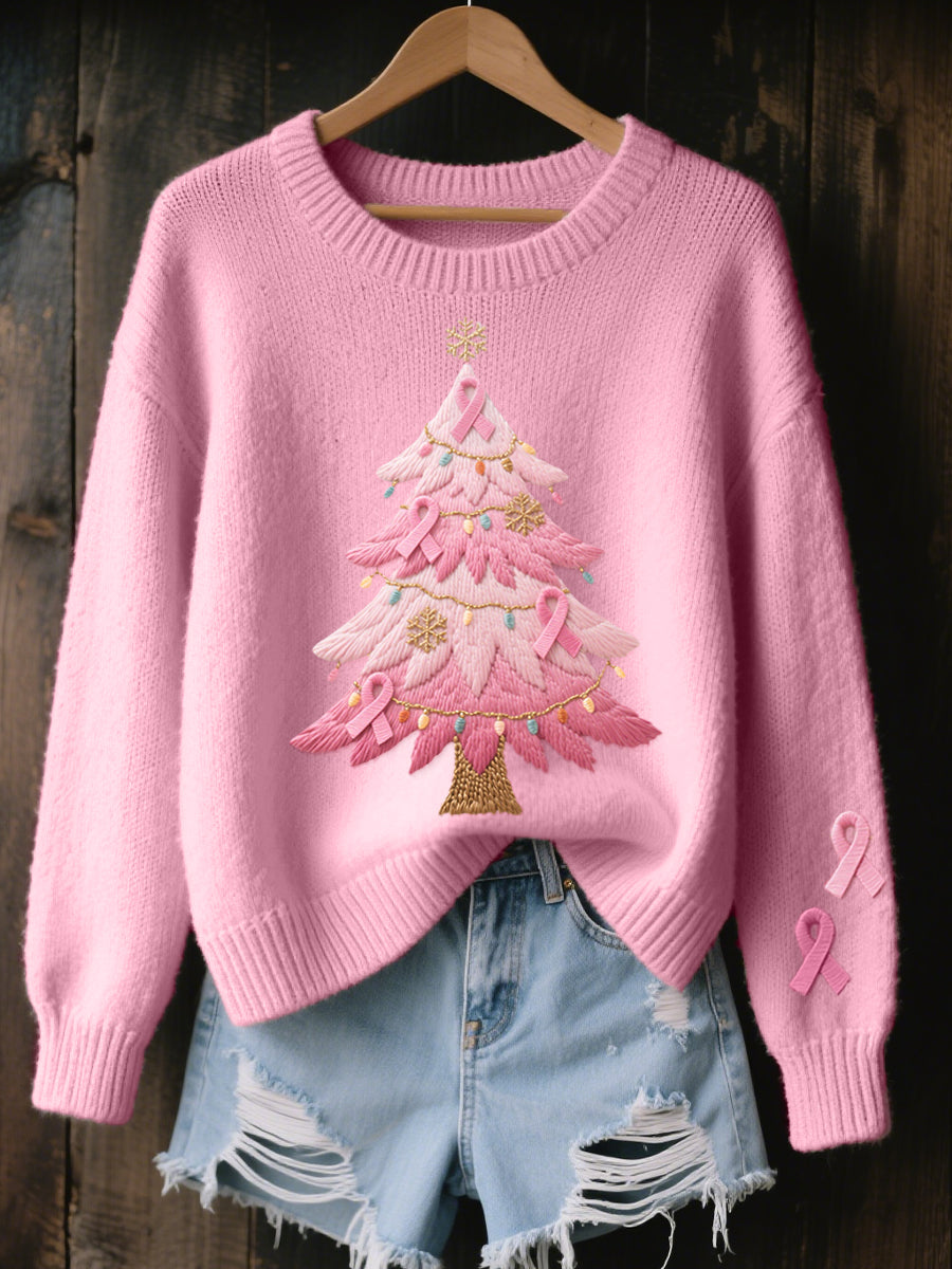 Women's Pink Christmas Tree Embroidered Cozy Knit Sweater