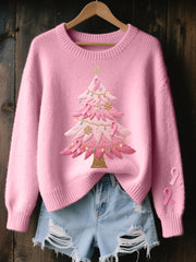 Women's Pink Christmas Tree Embroidered Cozy Knit Sweater